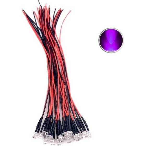 3V 5mm Şeffaf Mor LED 20cm Kablolu - 1