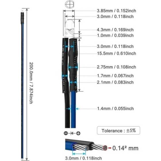 48-72V 3mm Şeffaf Buz Mavisi LED 20cm Kablolu - 3
