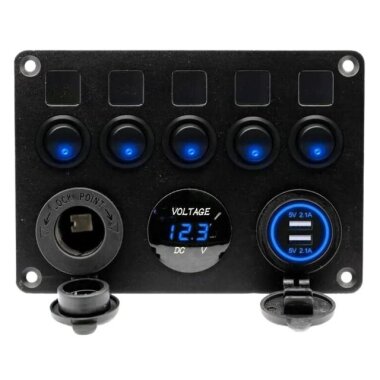 5'li ON-OFF Mavi Nokta Işıklı Anahtar Switch Panel 2x5V USB Çakmaklık ve Voltaj Göstergeli - Görsu Elektronik