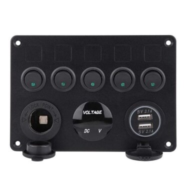 5'li ON-OFF Yeşil Nokta Işıklı Anahtar Switch Panel 2x5V USB Çakmaklık ve Voltaj Göstergeli - 3