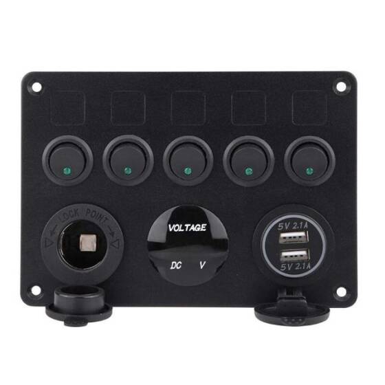 5'li ON-OFF Yeşil Nokta Işıklı Anahtar Switch Panel 2x5V USB Çakmaklık ve Voltaj Göstergeli - 3