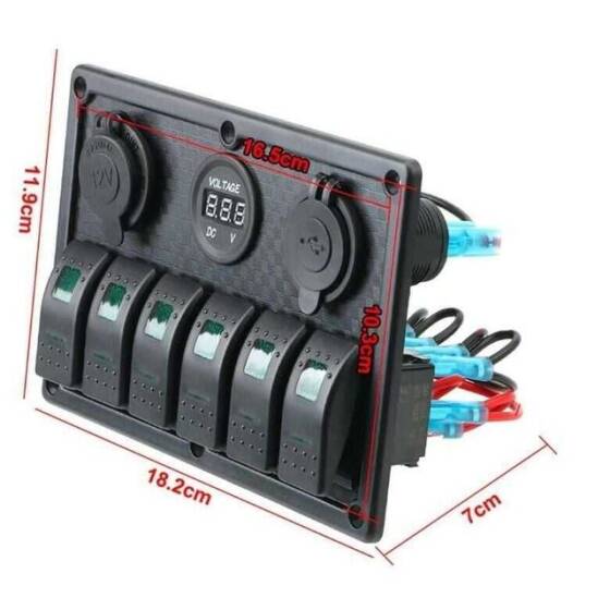 6'lı ON-OFF Kırmızı Işıklı Anahtar Switch Panel 2x5V USB Çakmaklık ve Voltaj Göstergeli - 3