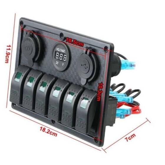 6'lı ON-OFF Yeşil Işıklı Anahtar Switch Panel 2x5V USB Çakmaklık ve Voltaj Göstergeli - 3