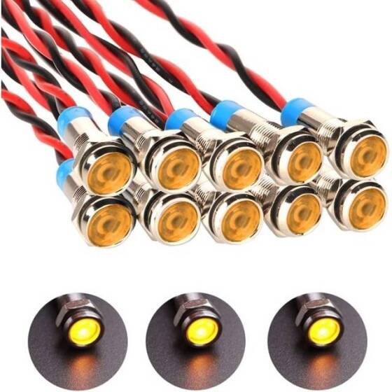 6mm 10-24V Sarı LED Metal Sinyal Lambası 15cm Kablolu - Metal İndicator Light - 1