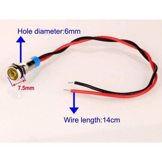 6mm 10-24V Sarı LED Metal Sinyal Lambası 15cm Kablolu - Metal İndicator Light - 3