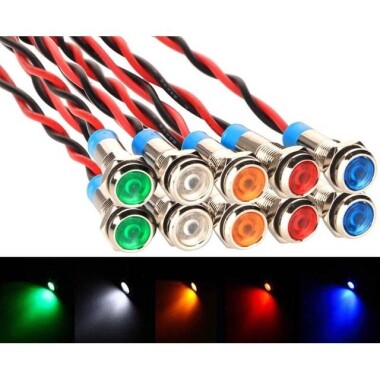 6mm 10-24V Yeşil LED Metal Sinyal Lambası 15cm Kablolu - Metal İndicator Light - 1
