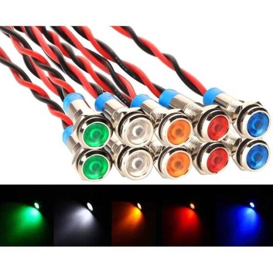 6mm 10-24V Yeşil LED Metal Sinyal Lambası 15cm Kablolu - Metal İndicator Light - 1