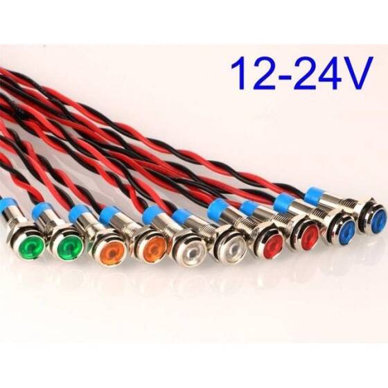 6mm 10-24V Yeşil LED Metal Sinyal Lambası 15cm Kablolu - Metal İndicator Light - 5