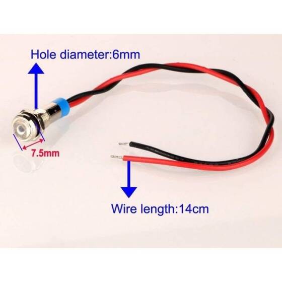 6mm 220V Beyaz LED Metal Sinyal Lambası 15cm Kablolu - Metal İndicator Light - 3