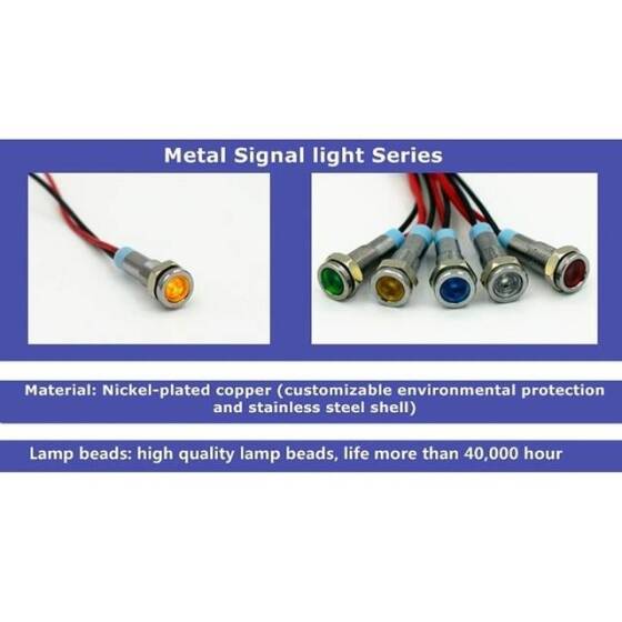 6mm 220V Kırmızı LED Metal Sinyal Lambası 15cm Kablolu - Metal İndicator Light - 2