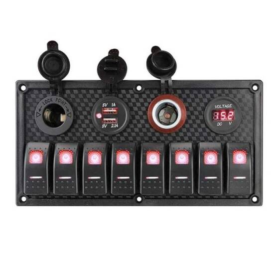 8'li ON-OFF Kırmızı Işıklı Anahtar Panel 2x5V USB 2xÇakmaklık ve Voltaj Göstergeli - 1