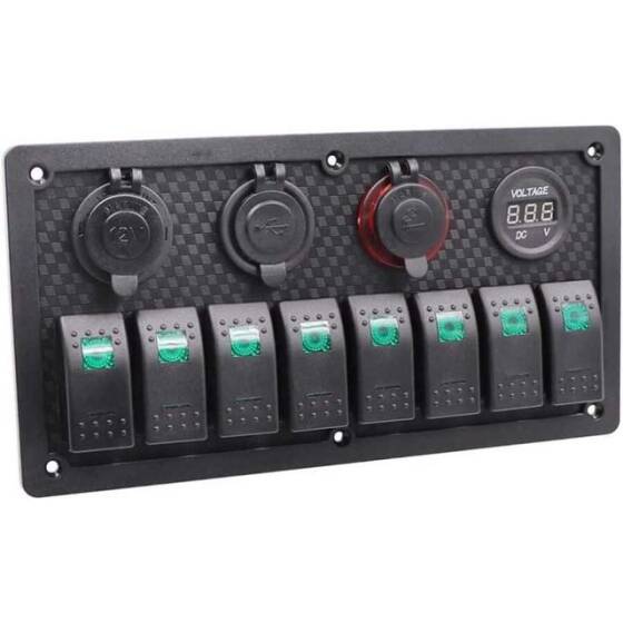 8'li ON-OFF Yeşil Işıklı Anahtar Panel 2x5V USB 2xÇakmaklık ve Voltaj Göstergeli - 1