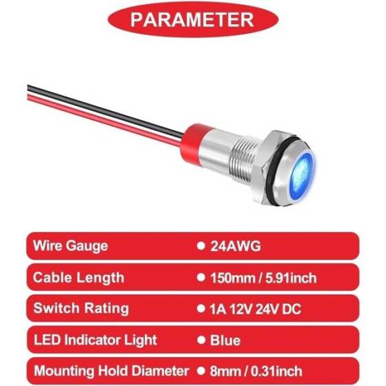 8mm 10-24V Mavi LED Metal Sinyal Lambası - Metal İndicator Light - 2
