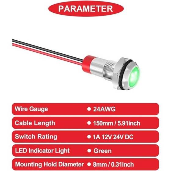 8mm 10-24V Yeşil LED Metal Sinyal Lambası - Metal İndicator Light - 2