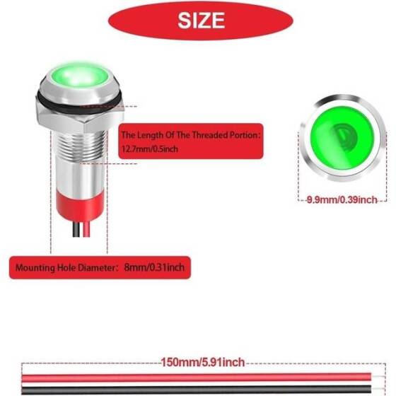 8mm 10-24V Yeşil LED Metal Sinyal Lambası - Metal İndicator Light - 4