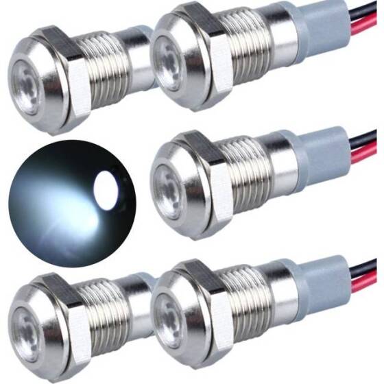 8mm 220V Beyaz LED Metal Sinyal Lambası 15cm Kablolu - Metal İndicator Light - 1