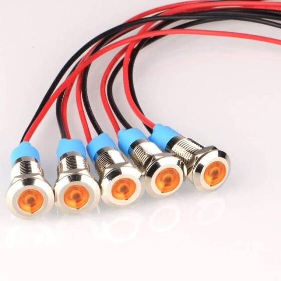 8mm 220V Sarı LED Metal Sinyal Lambası 15cm Kablolu - Metal İndicator Light - 1