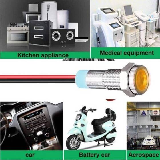 8mm 220V Sarı LED Metal Sinyal Lambası 15cm Kablolu - Metal İndicator Light - 5