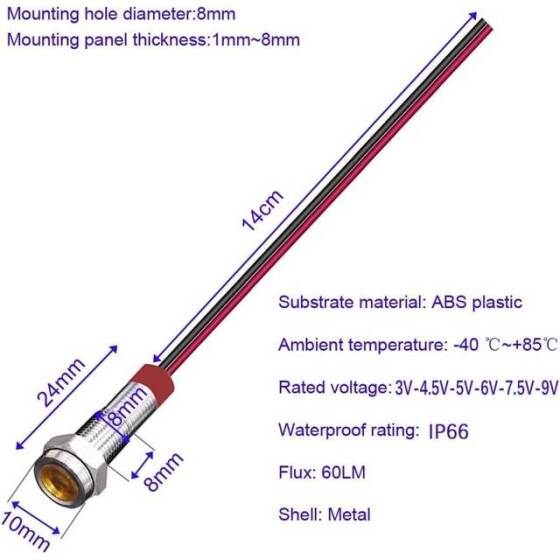 8mm 3-9V Mavi LED Metal Sinyal Lambası 15cm Kablolu - Metal İndicator Light - 4
