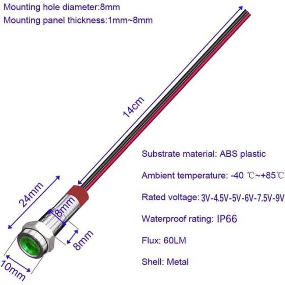 8mm 3-9V Yeşil LED Metal Sinyal Lambası 15cm Kablolu - Metal İndicator Light - 4