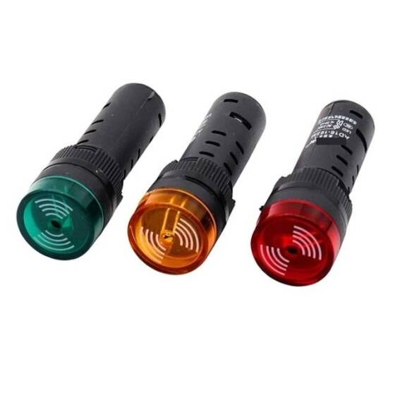 AD16-16SM 16mm 220V Yeşil Işıklı Buzzer - Buzzerlı Sinyal Göstergesi - 1
