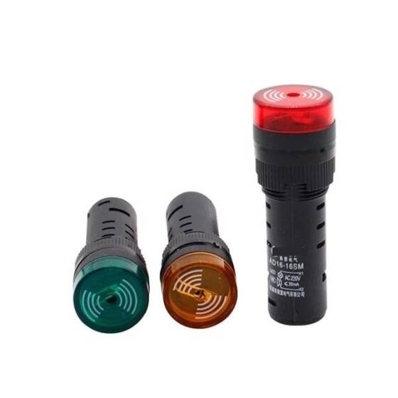 AD16-16SM 16mm 220V Yeşil Işıklı Buzzer - Buzzerlı Sinyal Göstergesi - 3