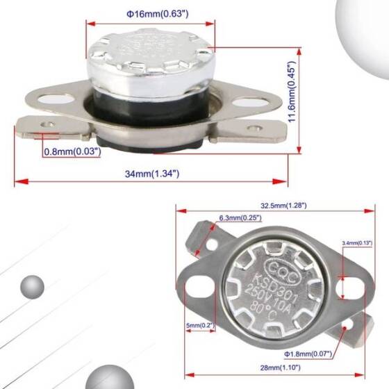 Bakalit KSD301 80 Derece NO Limit Termostat 250V 10A - 2