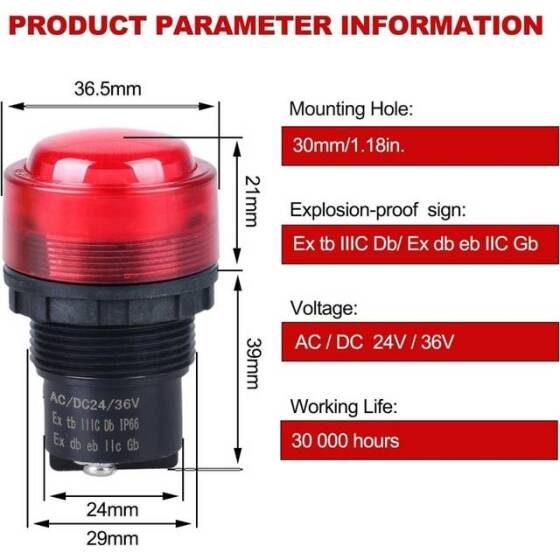 BD0803 30mm AC/DC 24V-36V Beyaz Patlamaya Dayanıklı Antikorozif Sinyal Led - Sinyal Lambası - 2