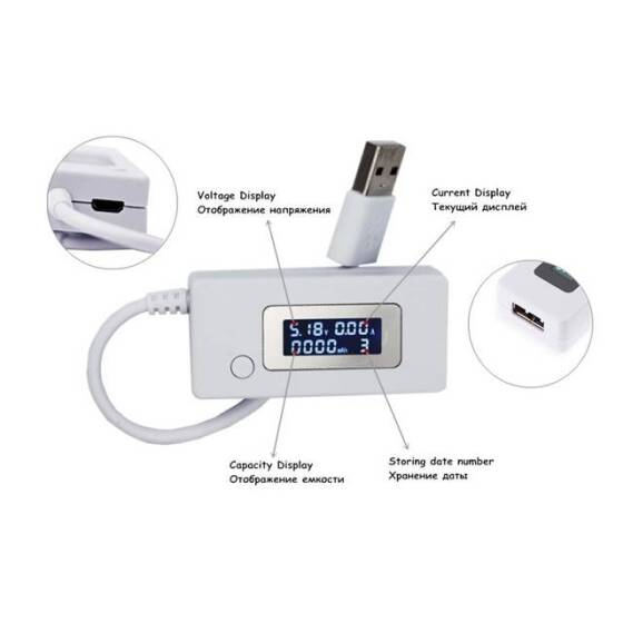 Beyaz USB Test Cihazı Akım Dedektörü Ve Voltmetre LCD Ekranlı Monitörler. Ambalajsız Mobil Güç Kapasitesi - 3