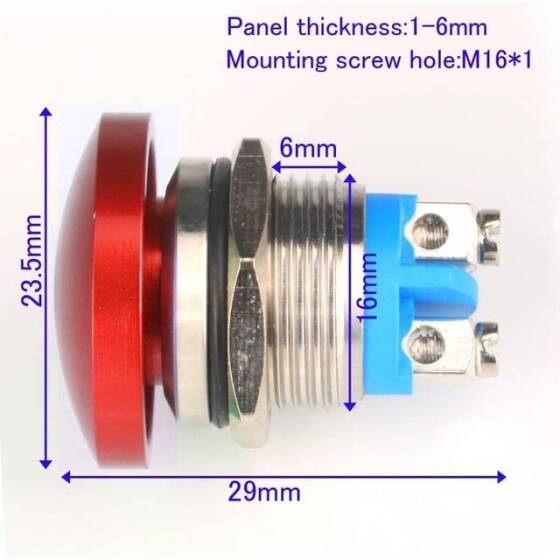 Çıkık Kafa 12mm 110-220V Su Geçirmez Anlık Kendinden Sıfırlamalı Metal Push Buton Kırmızı Ledli Soket Dahil - 3