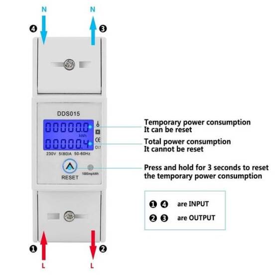 DDS015 5-80A 230V 50Hz Dijital LCD Tek Fazlı Enerji Ölçer Watt Metre DIN Ray Montajı - Pilsiz - 2