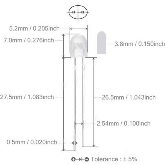 3V 20mA 546 Beyaz Oval Led 28mm Bacak Uzunluğu - 2