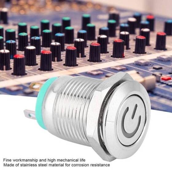 Düz Kafa 12mm 12-24V Su Geçirmez Kendinden Kilitli Metal Push Buton Yeşil Ledli - 2