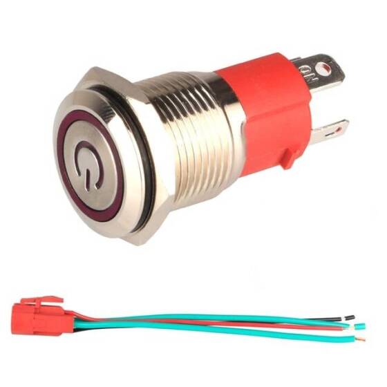 Düz Kafa 16mm 12-24V Kırmızı Ledlilı Su Geçirmez Kendinden Kilitli Metal Push Buton - 1