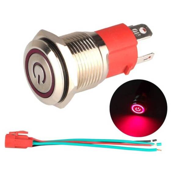 Düz Kafa 16mm 12-24V Kırmızı Ledlilı Su Geçirmez Kendinden Kilitli Metal Push Buton - 2