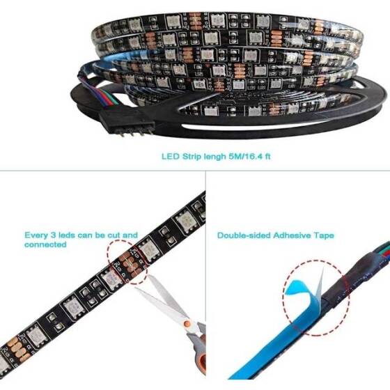 Epoksi 12V WS2811 RGB5050 Siyah SMD LED Şerit 96 LED/Metre Esnek 5 Metrelik Makara IP65 - 3