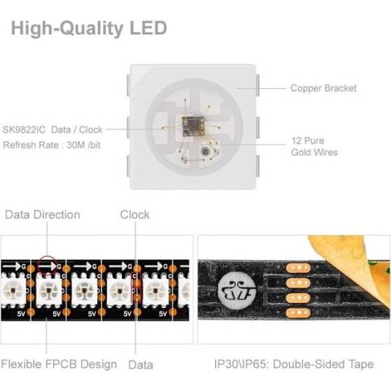 Epoksi 5V SK9822 APA102C RGB5050 Siyah Esnek 1M SMD LED Şerit 144 LED/Metre IP65 - 3
