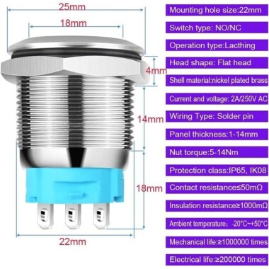 Düz Kafa 22mm 110-220V Su Geçirmez Anlık Kendinden Sıfırlamalı Metal Push Buton Kırmızı Ledli Soket Dahil - 2