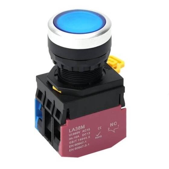 Düz Kafa 22mm 110-220V Su Geçirmez Anlık Kendinden Sıfırlamalı Metal Push Buton Mavi Ledli Soket Dahil - 1