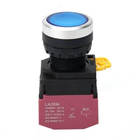 Düz Kafa 22mm 110-220V Su Geçirmez Anlık Kendinden Sıfırlamalı Metal Push Buton Mavi Ledli Soket Dahil - 2
