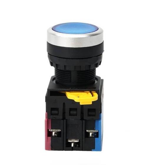 Düz Kafa 22mm 110-220V Su Geçirmez Anlık Kendinden Sıfırlamalı Metal Push Buton Mavi Ledli Soket Dahil - 3