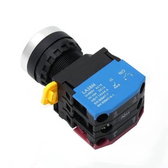 Düz Kafa 22mm 110-220V Su Geçirmez Anlık Kendinden Sıfırlamalı Metal Push Buton Mavi Ledli Soket Dahil - 4
