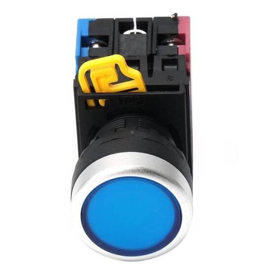 Düz Kafa 22mm 110-220V Su Geçirmez Anlık Kendinden Sıfırlamalı Metal Push Buton Mavi Ledli Soket Dahil - 5