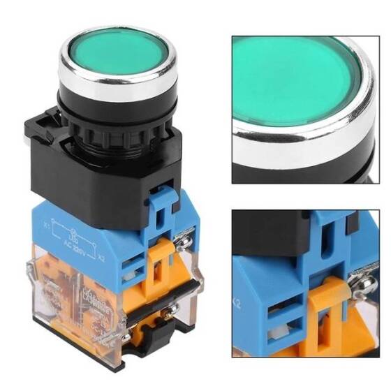 Düz Kafa 22mm 110-220V Su Geçirmez Anlık Kendinden Sıfırlamalı Metal Push Buton Yeşil ledli Soket Dahil - 5