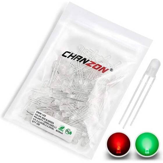 Geniş Açılı 2V 20mA 5mm Şeffaf Kırmızı+Yeşil Çift Renk Led CC 28mm Bacak Uzunluğu - 1