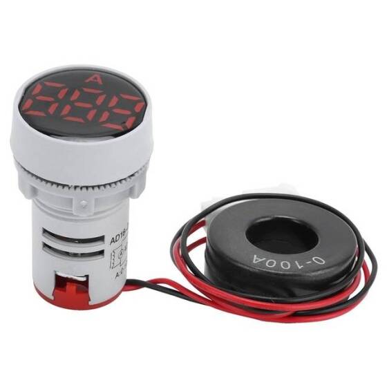 Kırmızı 0-100A 22mm AD16-22DSA Yuvarlak Kapaklı Trafolu LED Ampermetre - 1
