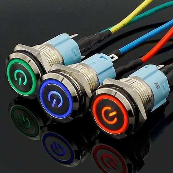 Kısa Düz Kafa 16mm 12-24V Su Geçirmez Anlık Kendinden Sıfırlamalı Metal Push Buton Mavi Ledli - 1