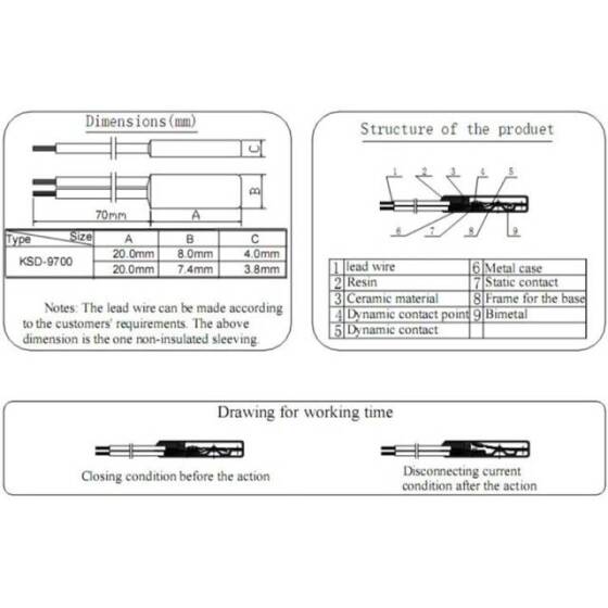 KSD9700/BK05 - BB1D 5A 250V Plastik Termostat - 120 Derece Normalde Açık - 3