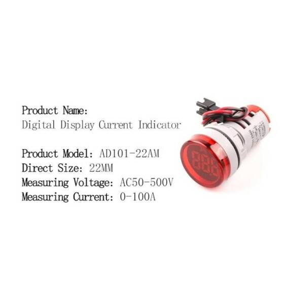 Mavi 0-100A 22mm AD16-22FSA Kare Kapaklı Trafolu LED Ampermetre - 5