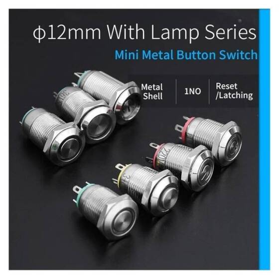 Mavi Ledli 12mm 110-220V Su Geçirmez Kendinden Kilitli Metal Push Buton - 3